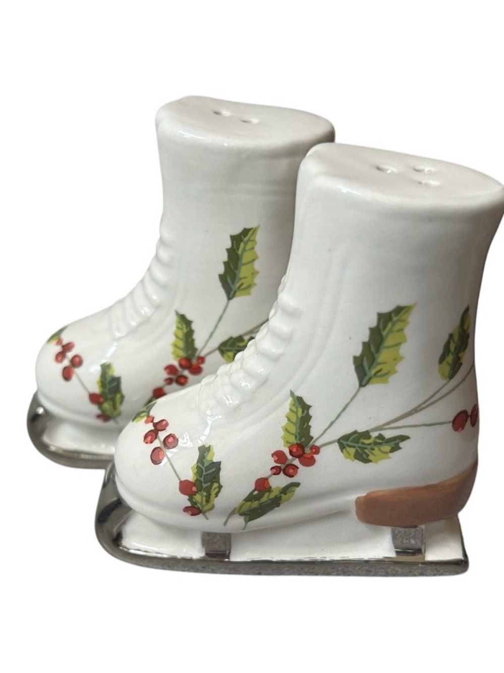 Holiday Ice Skates Salt and Pepper Shakers With Holly Berry Design